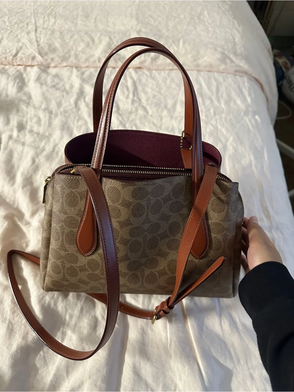 Coach Brown Signature Canvas Satchel with Chestnut Trim and Burgundy Interior